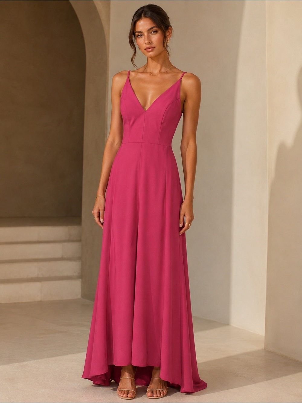 BHLDN Jones Gown 6 Raspberry Pink V Neck Crepe Bridesmaid Formal NWOT $198